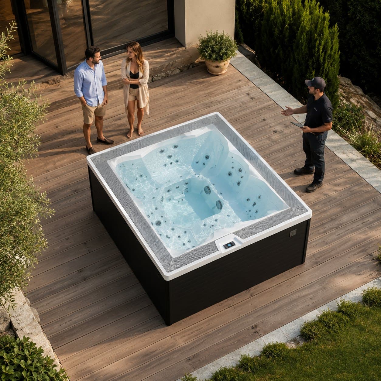 Spa rigide Quintessence installé sur une terrasse, livré et mis en service par nos équipes